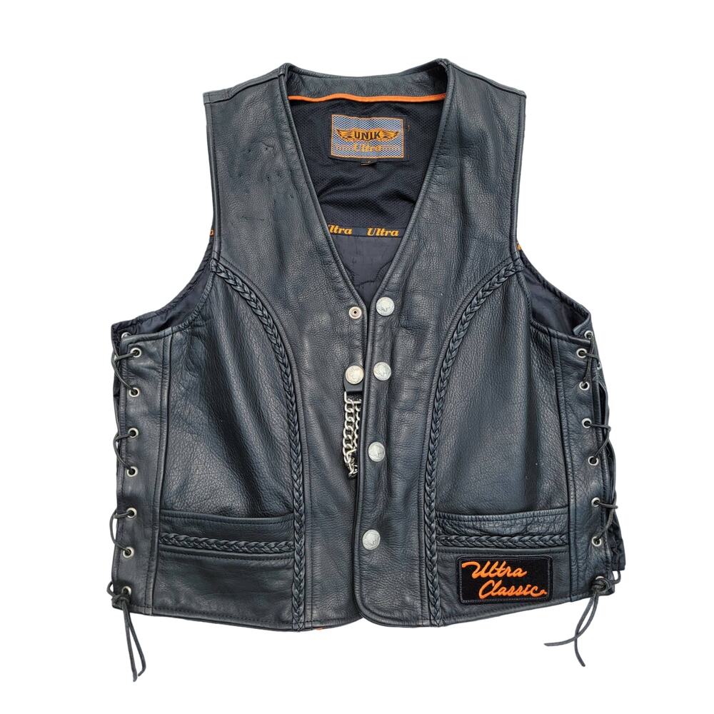 Vintage ULTRA Classic Motorcycle leather Vest Harley Davidson Patch On Back Sz L